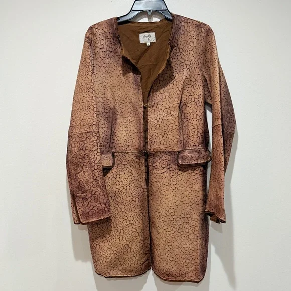 Scully Ladies Laser Cut Leather Coat Large L Tan Mid Length Fall Boho Luxury - Picture 2 of 11